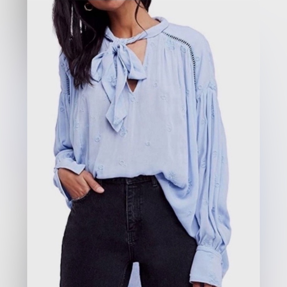 Free People Light Blue Blouse with Bow